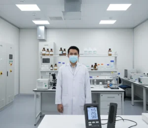 teknisi laboratorium Indonesia memeriksa monitor CO₂ dan kelembapan PCE-AQD 10-ICA yang terpasang di dinding ruang QA/QC