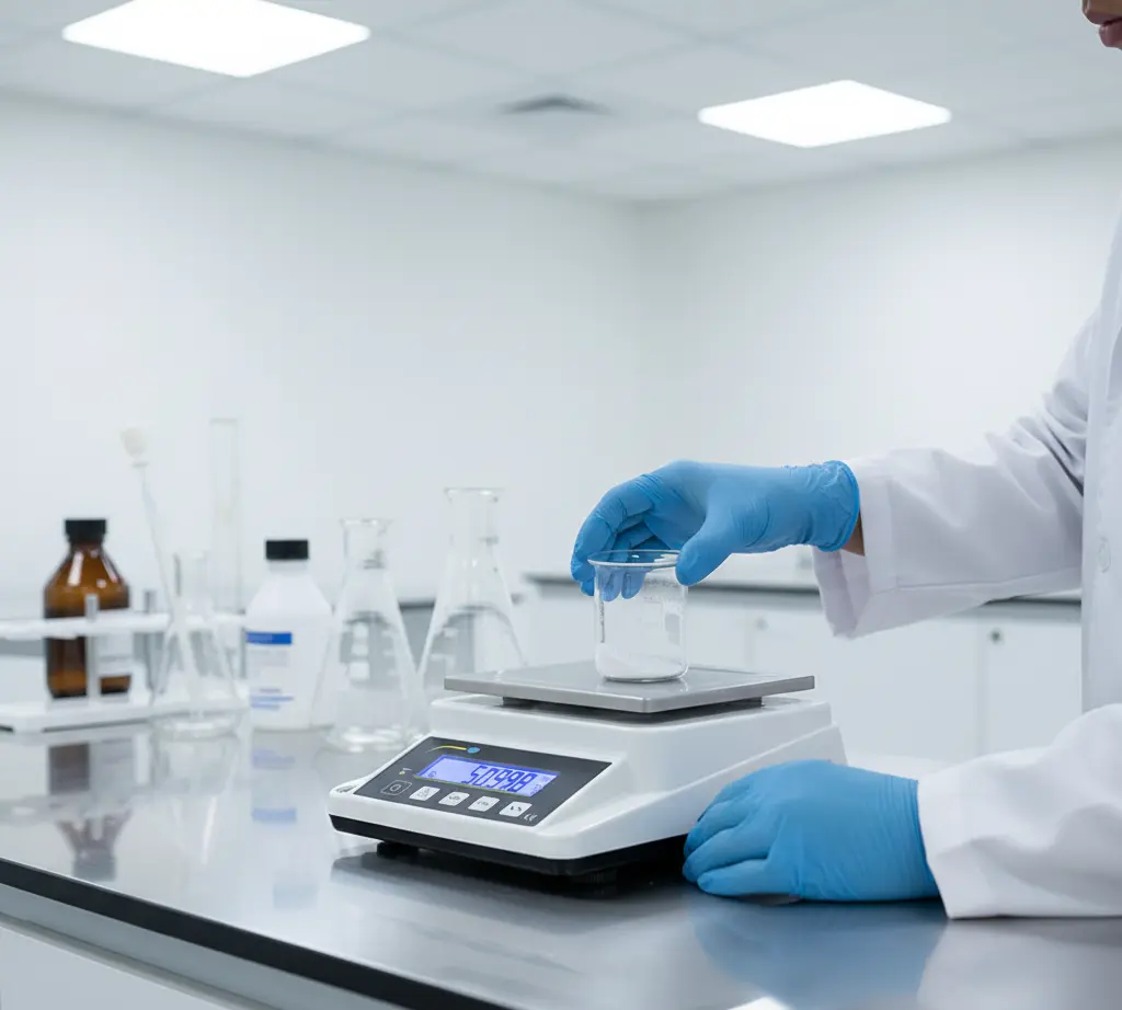 Seorang analis laboratorium Indonesia sedang menimbang sampel kimia menggunakan timbangan presisi Analytical Balance Scale PCE-BSK 5100 di meja lab modern untuk kontrol kualitas produk.