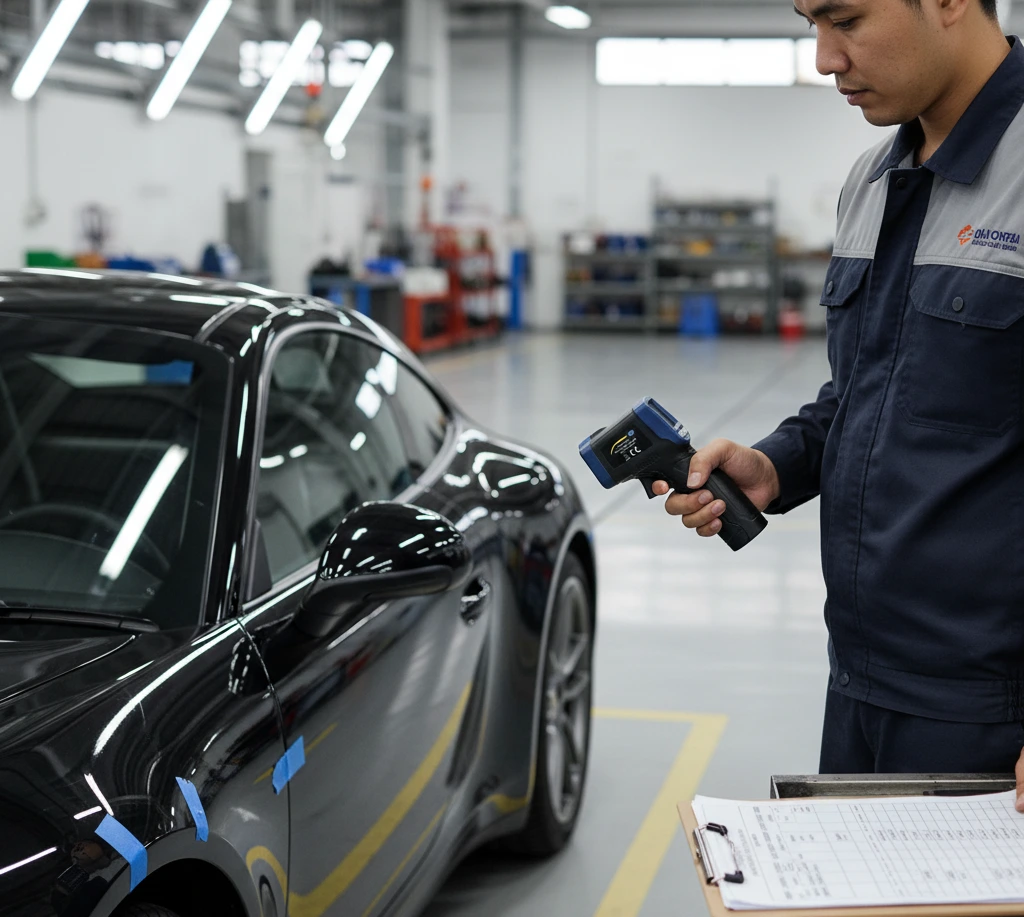 Teknisi QA/QC Indonesia mengukur ketebalan cat pada panel pintu mobil menggunakan thickness tester PCE-CT 25FN di area inspeksi finishing.