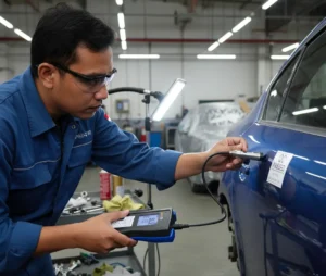 Teknisi QC Indonesia mengukur ketebalan cat pada panel mobil menggunakan coating thickness gauge PCE-CT 80 dengan probe eksternal FN3 di lingkungan workshop otomotif untuk inspeksi non-destruktif.
