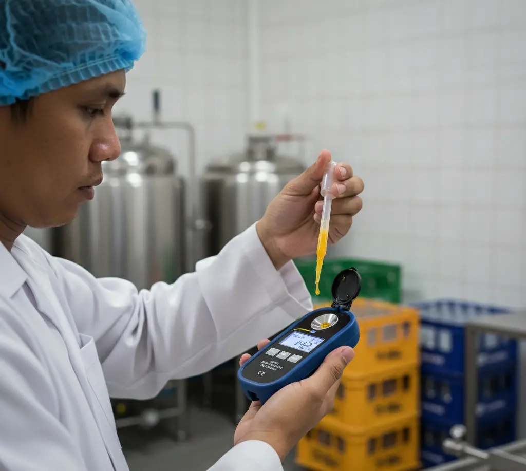 Teknisi QC meneteskan sampel sirup ke refraktometer PCE-DRC 2, layar menampilkan nilai Brix, suasana ruang produksi minuman dengan standar kebersihan.