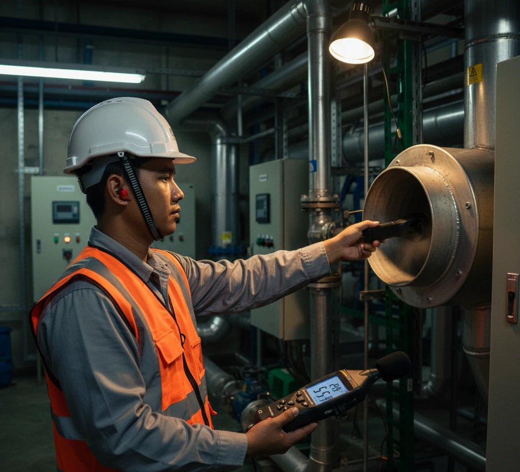 Teknisi memeriksa kecepatan angin dan kebisingan di ruang blower WWTP menggunakan Air Flow Meter PCE-EM 883 dengan tampilan layar menyala.