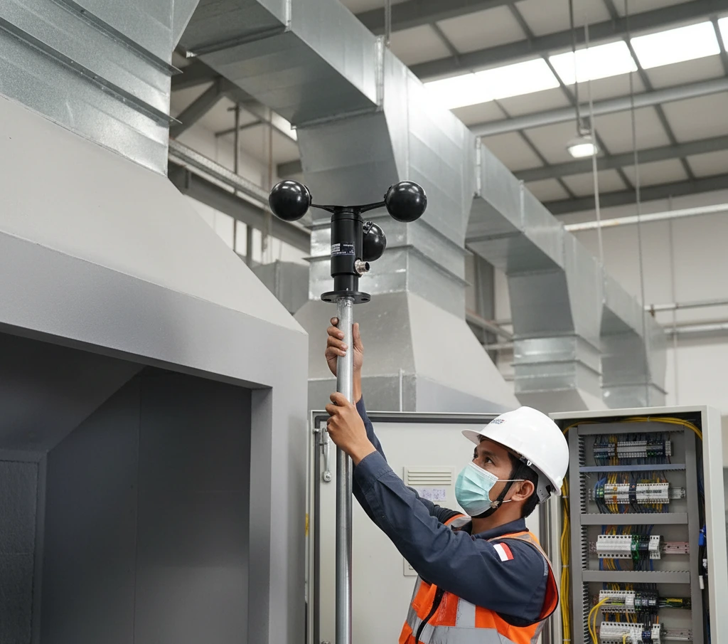 teknisi Indonesia memasang sensor kecepatan angin PCE-FST-200-201-H-I pada booth powder coating dengan konektor M12 terpasang.