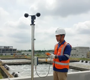 Operator Indonesia memeriksa sensor angin PCE-FST-200-201-H-U di atap WWTP, anemometer cangkir terpasang pada tiang stainless dengan kabel M12, latar kolam aerasi dan gedung pabrik, kondisi cuaca cerah berawan.