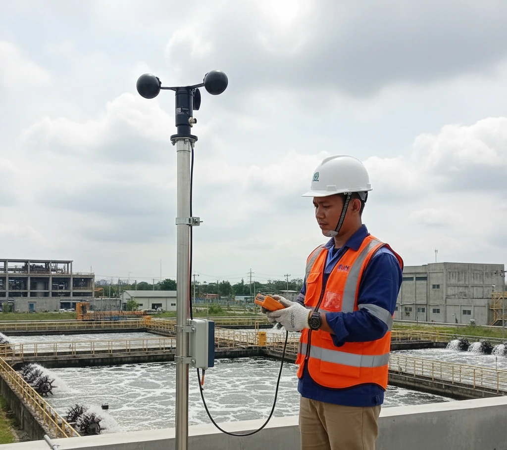 Operator Indonesia memeriksa sensor angin PCE-FST-200-201-H-U di atap WWTP, anemometer cangkir terpasang pada tiang stainless dengan kabel M12, latar kolam aerasi dan gedung pabrik, kondisi cuaca cerah berawan.