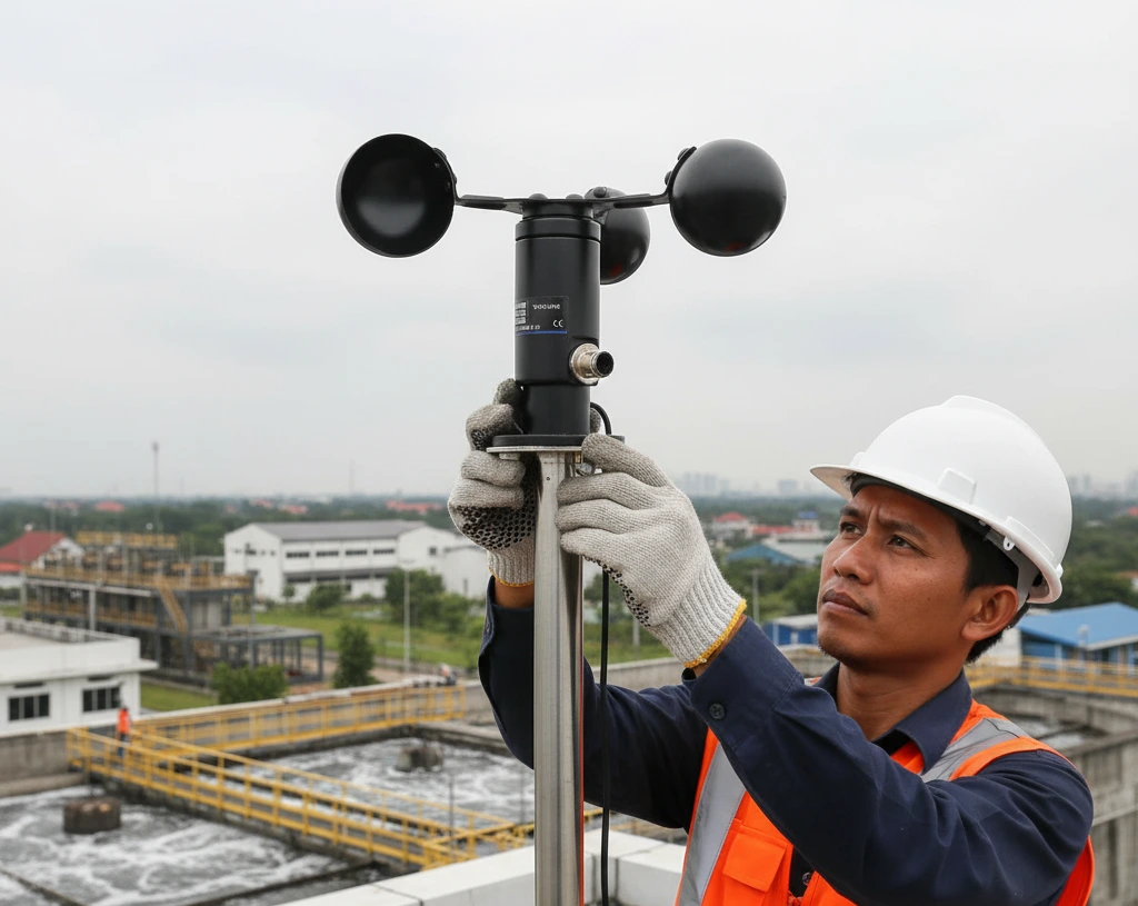 teknisi Indonesia memasang anemometer cangkir PCE-FST-200-201-I di atas tiang stainless pada fasilitas WWTP, terlihat kabel M12, latar kolam aerasi, cuaca berawan.