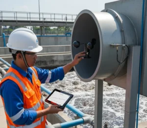 Operator WWTP memeriksa sensor anemometer cangkir PCE-FST-200-201-U pada duct blower, menampilkan integrasi ke PLC untuk kontrol aerasi.