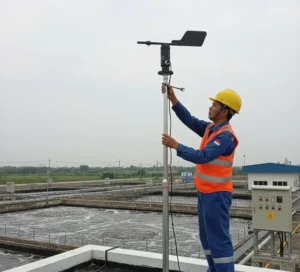 Teknisi memasang sensor arah angin PCE-FST-200-202-H-I di atap WWTP, terhubung ke panel kontrol untuk pemantauan arah angin real-time.