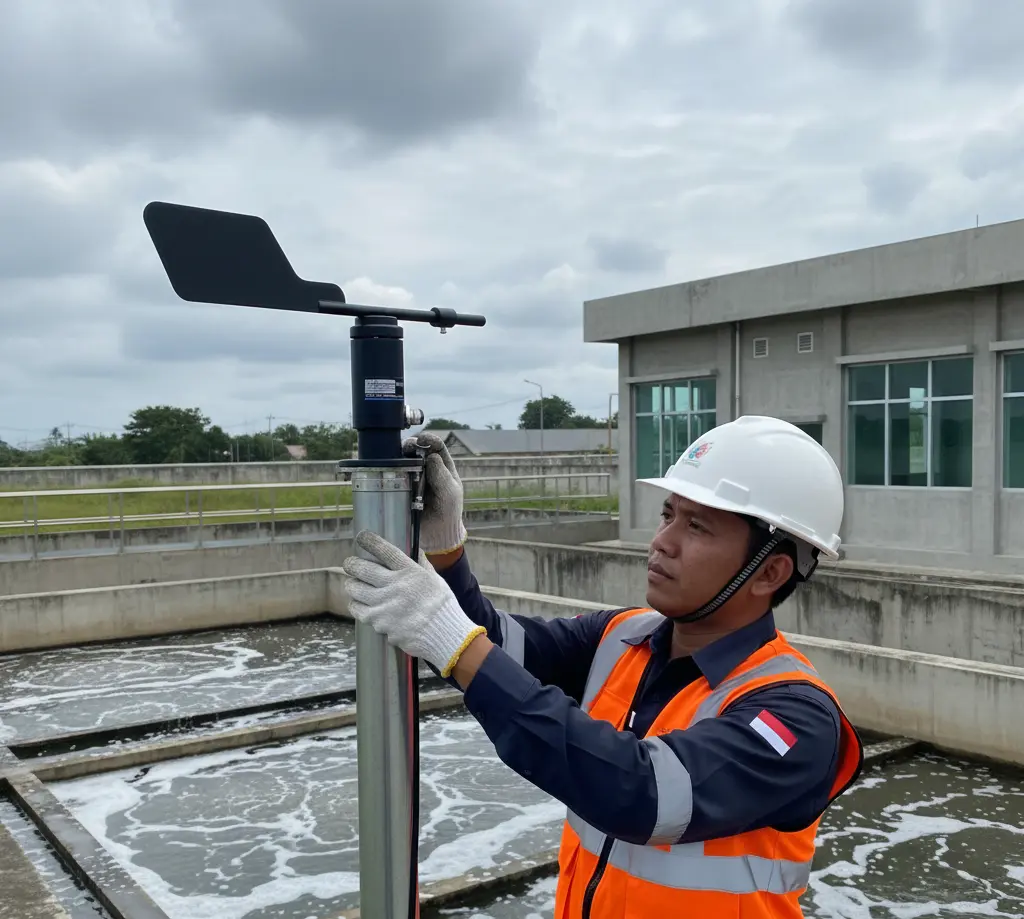 teknisi Indonesia memasang sensor arah angin PCE-FST-200-202-H-U di tiang WWTP, menampilkan sirip vane, konektor M12, dan latar bak aerasi.