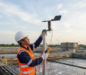 Teknisi memasang sensor arah angin PCE-FST-200-202-I pada tiang di area WWTP, menyambungkan konektor M12 sambil memeriksa arus 4–20 mA untuk integrasi ke PLC.