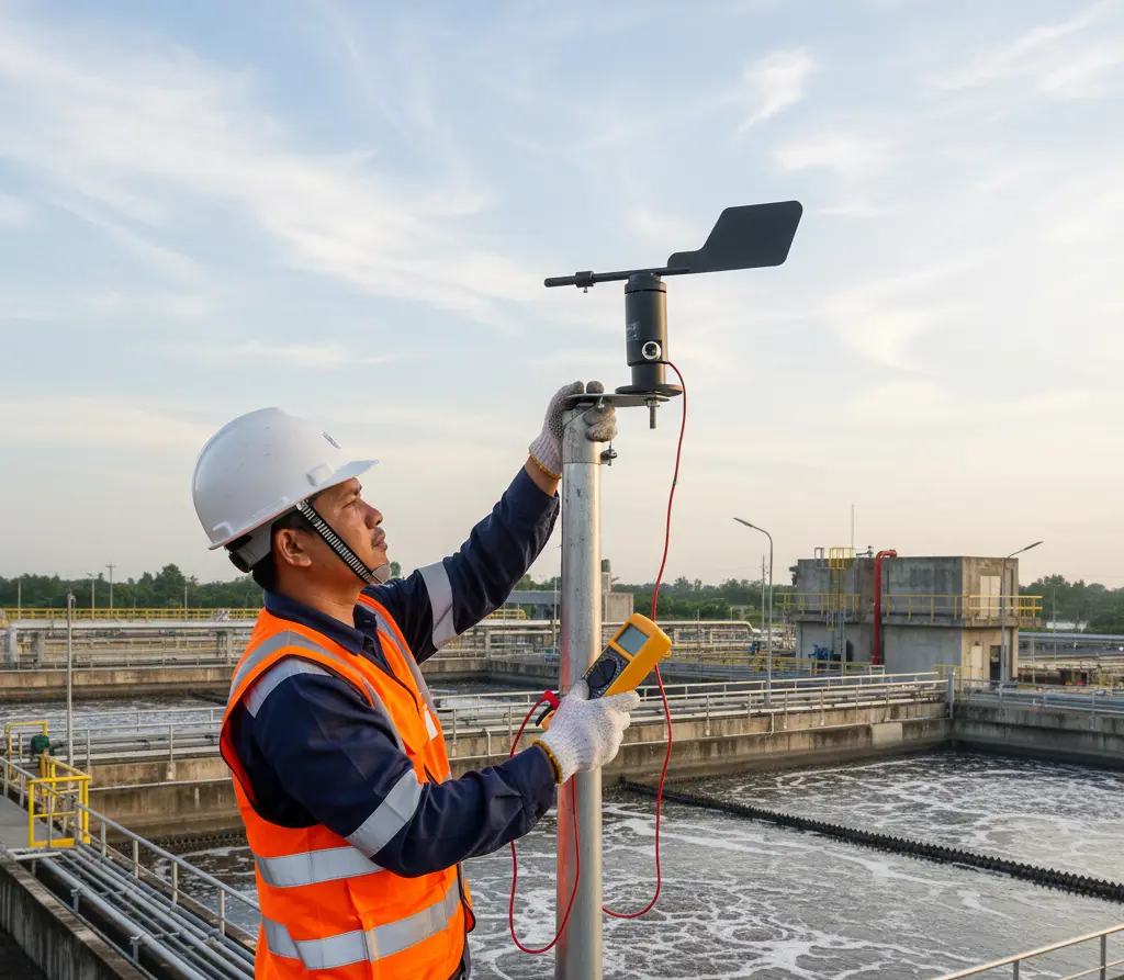 Teknisi memasang sensor arah angin PCE-FST-200-202-I pada tiang di area WWTP, menyambungkan konektor M12 sambil memeriksa arus 4–20 mA untuk integrasi ke PLC.