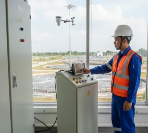 Operator Indonesia di instalasi pengolahan air sedang memantau layar sentuh stasiun cuaca nirkabel PCE-FWS 20N-2 dengan latar belakang modul sensor angin dan hujan di area bak aerasi.