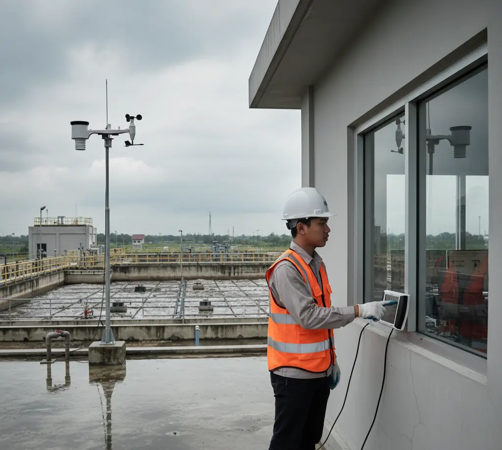 Teknisi memantau data cuaca dari stasiun PCE-FWS 20N di atap instalasi pengolahan air limbah dengan modul anemometer dan rain gauge di latar belakang.