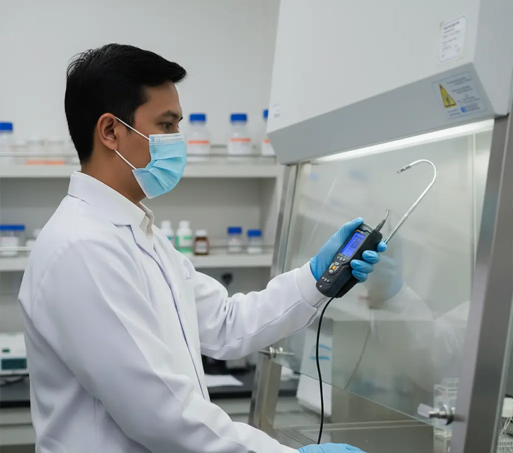 Teknisi laboratorium Indonesia menggunakan Air Flow Meter PCE-HWA 30-ICA dengan probe teleskopik untuk mengukur kecepatan aliran udara pada biosafety cabinet, layar alat menyala dan menunjukkan data m/s.