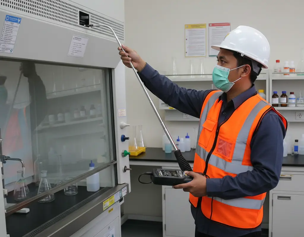 Teknisi Indonesia mengukur face velocity pada fume hood menggunakan PCE-HWA 30 hot-wire anemometer dengan lengan teleskopis terulur; layar alat menyala dengan indikator kecepatan udara.