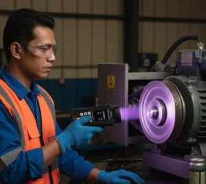 Seorang teknisi Indonesia menggunakan UV stroboscope PCE-LES 108UV-365 untuk memeriksa pulley dan belt motor listrik yang berputar di workshop industri, dengan cahaya UV 365 nm membantu observasi non-kontak.