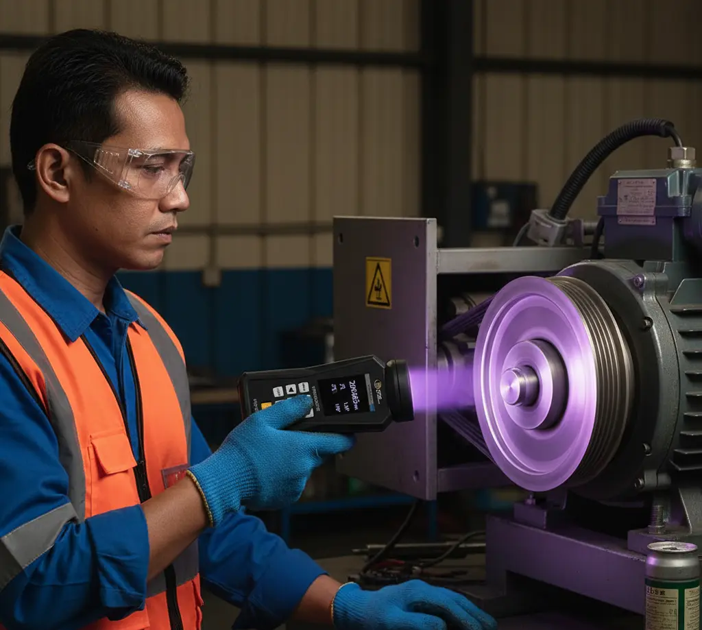 Seorang teknisi Indonesia menggunakan UV stroboscope PCE-LES 108UV-365 untuk memeriksa pulley dan belt motor listrik yang berputar di workshop industri, dengan cahaya UV 365 nm membantu observasi non-kontak.