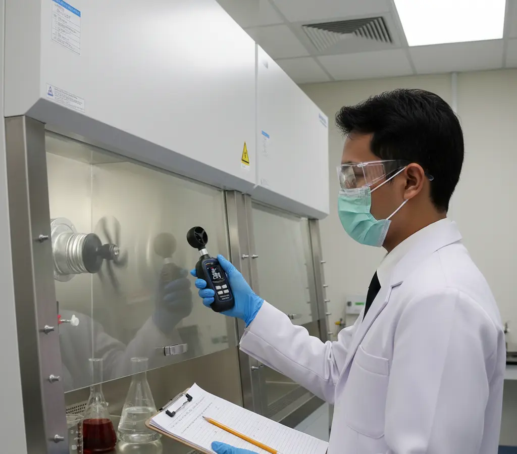 Teknisi Indonesia mengukur face velocity lemari asam menggunakan PCE-MAM 2 anemometer saku; layar berwarna menampilkan kecepatan udara dalam m/s dengan impeller menghadap bukaan hood.