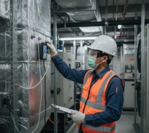 Teknisi Indonesia memeriksa beda tekanan pada ducting AHU menggunakan PCE-PDA 10L dengan selang 5 mm, menampilkan layar LCD ber-backlight di ruang mekanik.