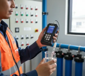 Teknisi memeriksa pH air menggunakan PCE-PH 228-ICA di fasilitas pengolahan air, menampilkan layar nilai pH dan suhu dengan elektroda terendam dalam sampel.