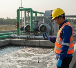 Operator Indonesia mengukur pH di bak aerasi menggunakan PCE-PH 228HTE, menampilkan kabel elektroda terendam dan layar LCD yang menunjukkan pH dan suhu.