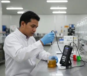 Teknisi QA Indonesia mengukur pH sirup menggunakan PCE-PH 228LIQ dengan layar 2,8 inci ber-backlight di meja stainless laboratorium produksi minuman.