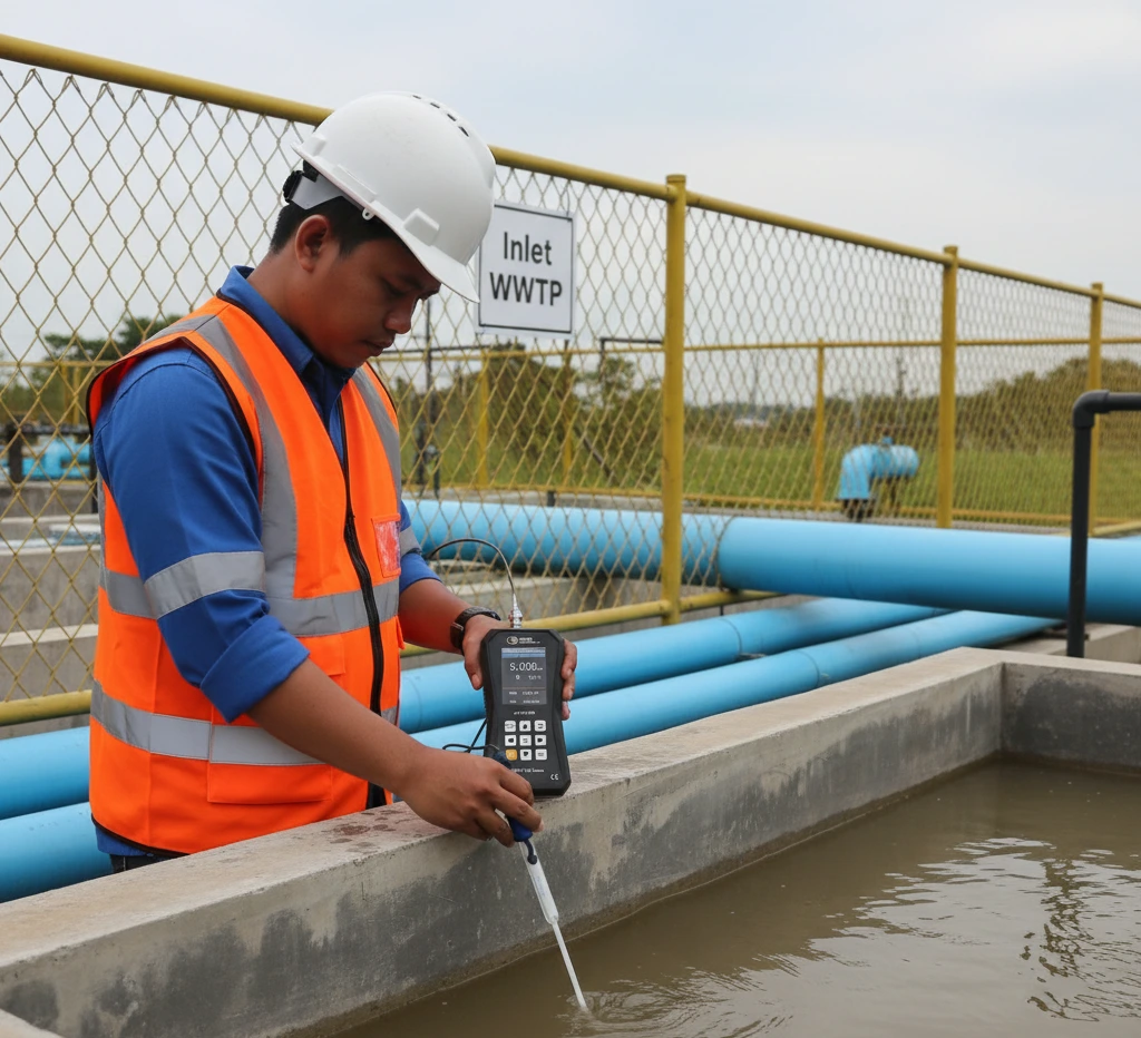 Teknisi Indonesia mengukur pH di inlet IPAL menggunakan PCE-PH 228LIQ-ICA dengan elektrode kaca dan layar 2,8 inci; situasi lapangan nyata untuk QA/QC air limbah.