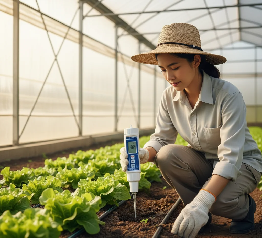 Teknisi lapangan Indonesia mengukur pH tanah di greenhouse menggunakan PCE-PH20S-ICA dengan elektroda eksternal, layar menampilkan pembacaan pH, suasana kerja bersih dan terang.