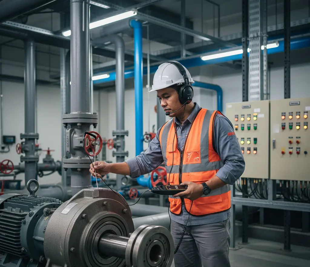 Teknisi Indonesia memakai mechanics stethoscope PCE-S 41 untuk mengecek bunyi housing bearing pompa sentrifugal di ruang utilitas WTP/WWTP.