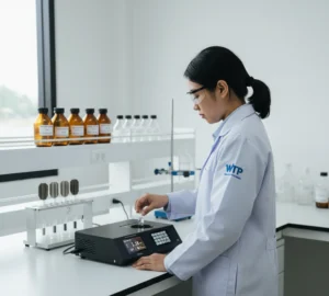 Teknisi laboratorium Indonesia mengukur kekeruhan air memakai turbidimeter PCE-TUM 100 dengan cuvette di ruang WTP, layar menampilkan nilai NTU, USB terpasang.