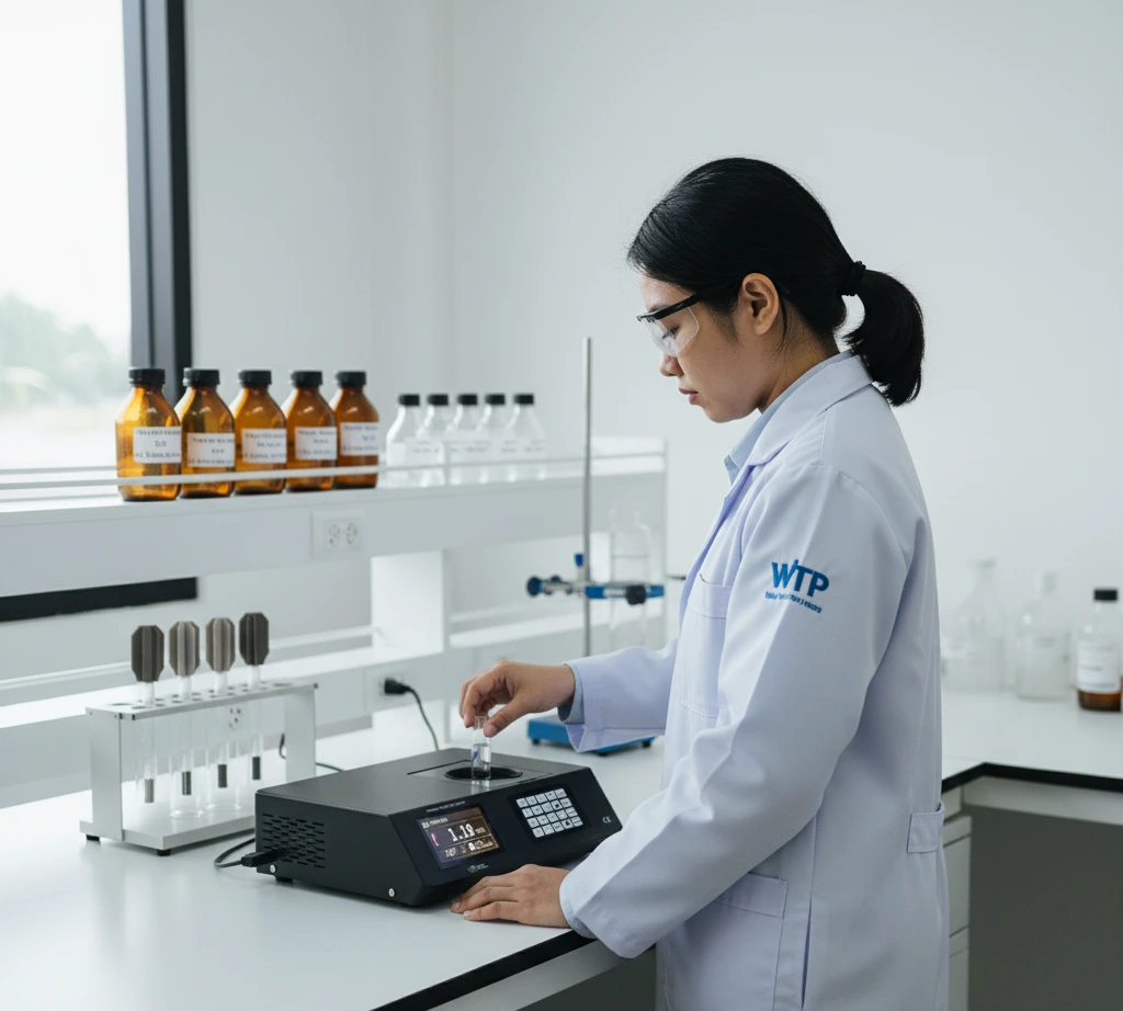 Teknisi laboratorium Indonesia mengukur kekeruhan air memakai turbidimeter PCE-TUM 100 dengan cuvette di ruang WTP, layar menampilkan nilai NTU, USB terpasang.