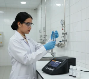 Operator Indonesia di ruang kontrol WTP sedang mengukur kekeruhan air filtrasi menggunakan PCE-TUM 50; layar menampilkan nilai NTU di bawah 1, kuvet 25 mm berada pada dudukan alat, suasana bench lab bersih dan terang.