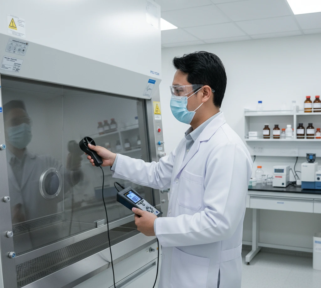 Teknisi laboratorium memeriksa face velocity fume hood menggunakan PCE-VA 11-ICA dengan impeller berkabel dan layar backlit.