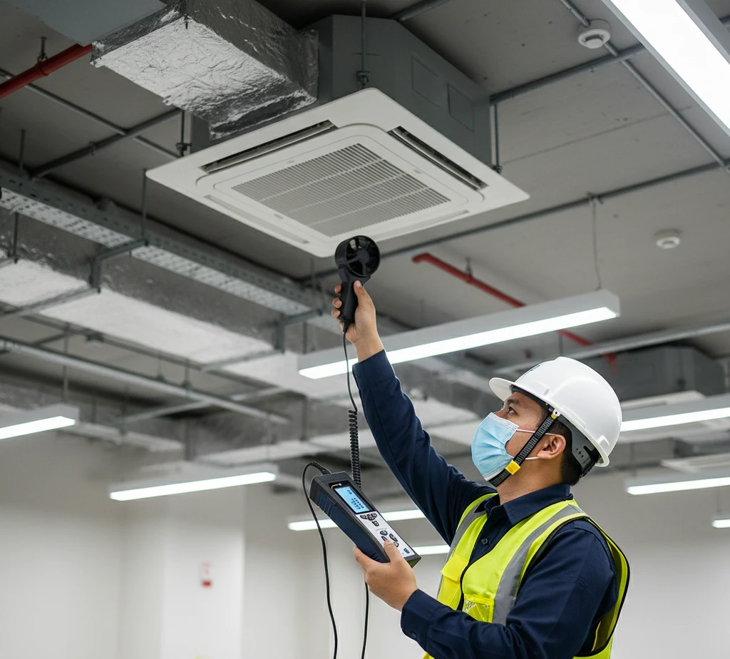 Teknisi Indonesia mengukur kecepatan udara pada diffuser AC menggunakan PCE-VA 11 dengan impeller eksternal, sementara layar LCD ber-backlight menampilkan nilai m/s.