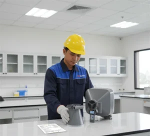Teknisi HVAC Indonesia menggunakan anemometer PCE-VA 20-SET-ICA dengan flow hood untuk mengukur aliran udara di diffuser plafon laboratorium rumah sakit.