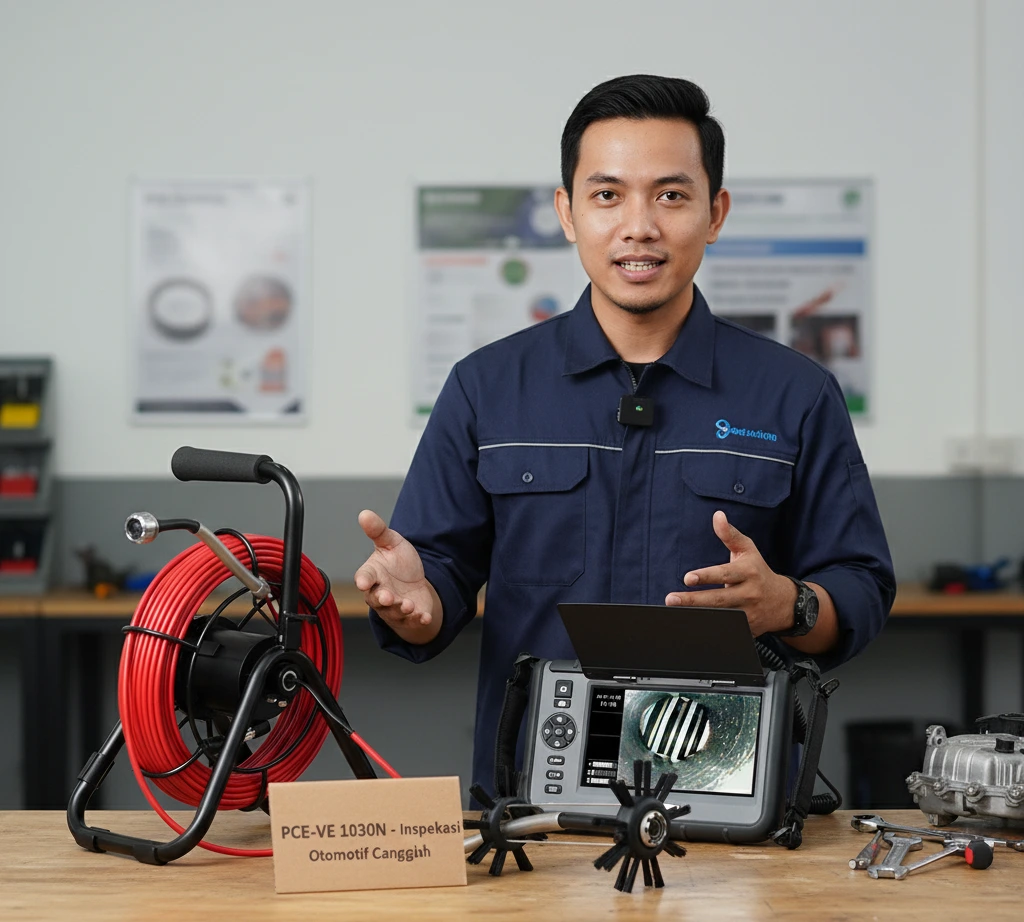 Foto teknisi Indonesia di workshop otomotif menggunakan videoscope PCE-VE 1030N dengan layar 7 inci dan kabel push-pull pada reel untuk inspeksi area sempit di ruang mesin.