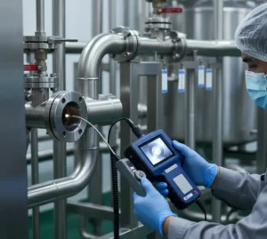 Teknisi QA Indonesia menggunakan borescope PCE-VE 355N untuk memeriksa bagian dalam pipa stainless di area CIP pabrik minuman, dengan layar alat menampilkan kondisi dinding pipa.