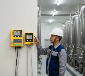 Teknisi Indonesia memeriksa panel Air Quality Carbon Dioxide Meter PCE-WMM 50 yang terpasang di dinding ruang fermentasi pabrik minuman dengan latar belakang tangki stainless.