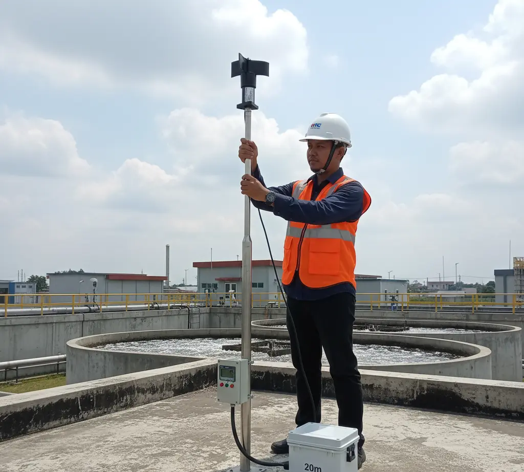 Teknisi Indonesia memeriksa sensor angin PCE-WS A berkelas IP65 di atap fasilitas WWTP, terhubung ke panel kontrol melalui kabel 20 m.
