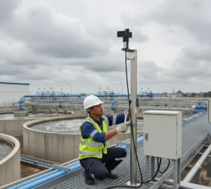 Teknisi Indonesia memasang air flow meter PCE-WS CR di atap fasilitas pengolahan air dengan kabel 20 m menuju panel, menyiapkan sistem peringatan angin otomatis.