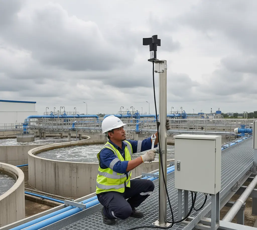 Teknisi Indonesia memasang air flow meter PCE-WS CR di atap fasilitas pengolahan air dengan kabel 20 m menuju panel, menyiapkan sistem peringatan angin otomatis.