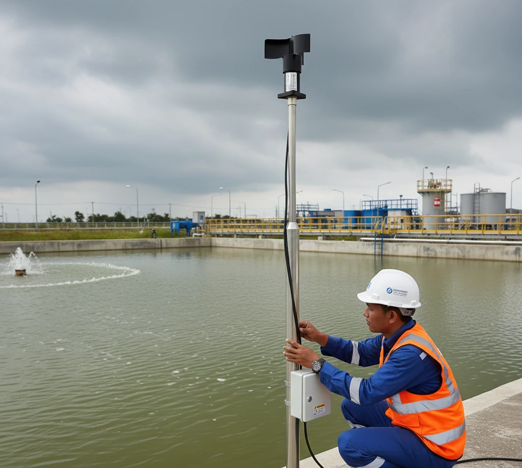 Operator memeriksa sensor kecepatan angin PCE-WS P di atas tiang stainless pada area pengolahan air limbah, menampilkan rotor berbentuk bintang dan kabel 20 m yang menuju panel kontrol.