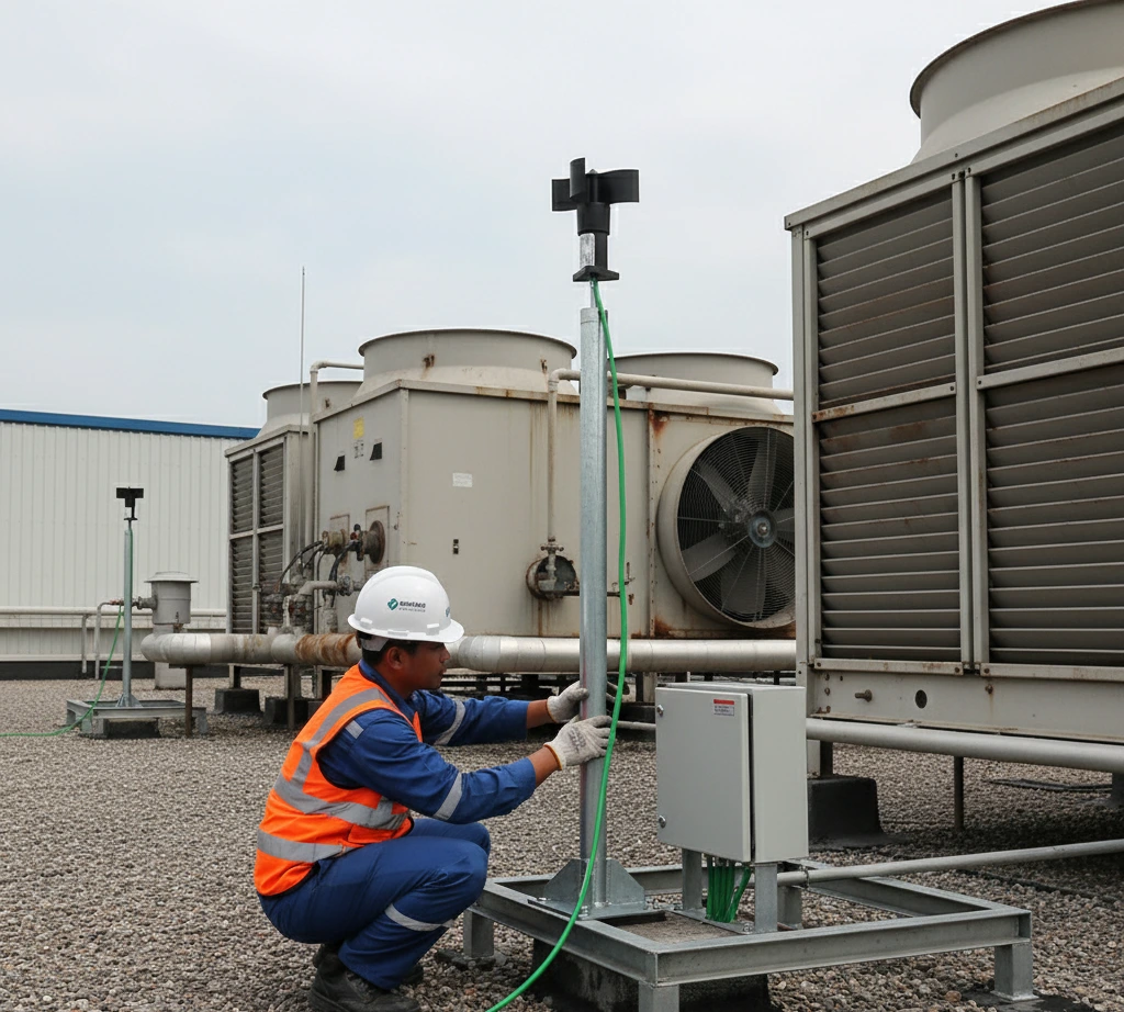 teknisi memasang sensor anemometer PCE-WS RS485 di atap gedung industri dengan kabel RS485 menuju panel, digunakan untuk pemantauan angin pada sistem HVAC/BMS.