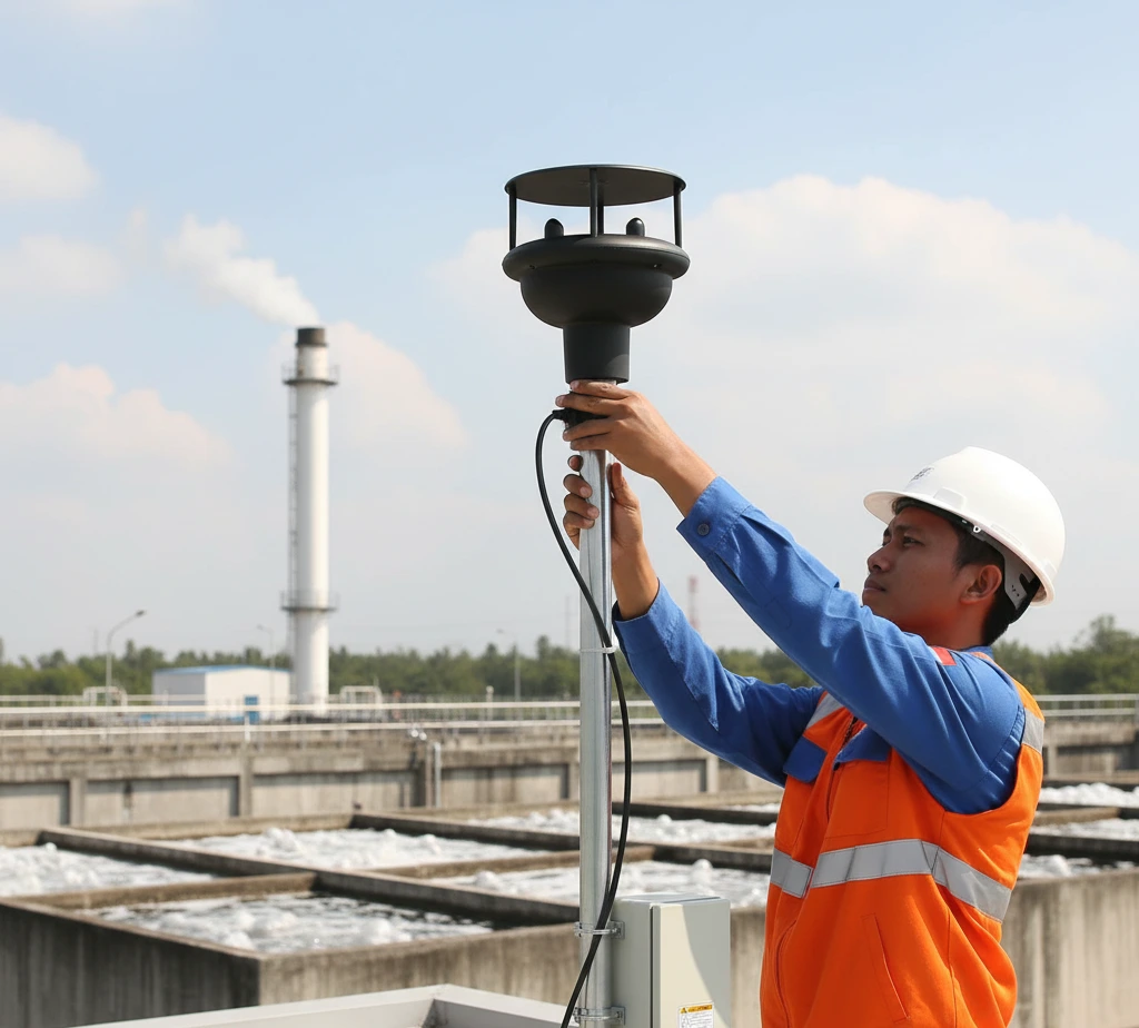 teknisi memasang PCE-WS US2 anemometer ultrasonik di atap WWTP dengan kabel M12 tersambung ke panel kontrol untuk pemantauan kecepatan dan arah angin.