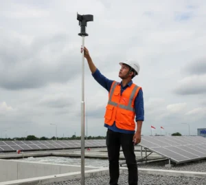 Teknisi memeriksa sensor kecepatan angin PCE-WS V di atap instalasi WWTP, kepala sensor omnidireksional terpasang pada tiang stainless dengan latar kolam aerasi.