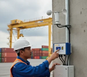 Teknisi HSE memeriksa unit PCE-WSAC 50-111 yang terhubung ke anemometer 4–20 mA di area crane luar ruang; LED pre-alarm menyala dengan latar industri.