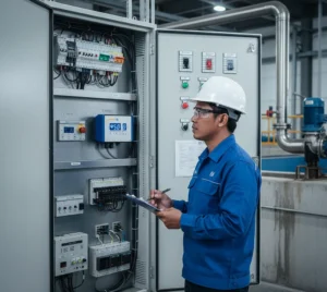 Teknisi sedang menggunakan PCE-WSAC 50-120 untuk memantau kecepatan angin di area industri.