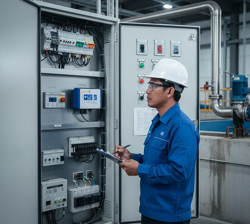 Teknisi sedang menggunakan PCE-WSAC 50-120 untuk memantau kecepatan angin di area industri.