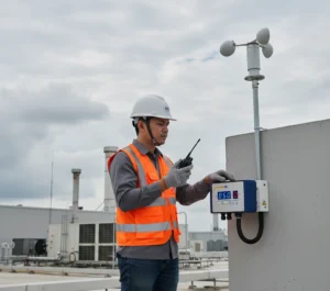 teknisi memantau panel PCE-WSAC 50-121 dengan anemometer di atap pabrik; LED alarm aktif dan langit berawan sebagai latar.