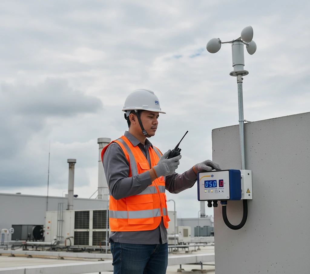 teknisi memantau panel PCE-WSAC 50-121 dengan anemometer di atap pabrik; LED alarm aktif dan langit berawan sebagai latar.